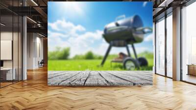 summer time in backyard garden with grill BBQ, wooden table, blurred backgroundd Wall mural