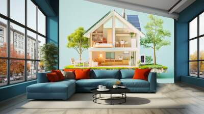 sustainable modern house building with solar panels and heat pump illustration Wall mural