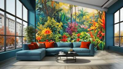 tropical forest illustration with vibrant flowers creates a colorful paradise background Wall mural