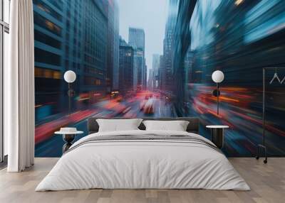 A blurred cityscape viewed from a moving vehicle, representing speed and motion, concept speed Wall mural