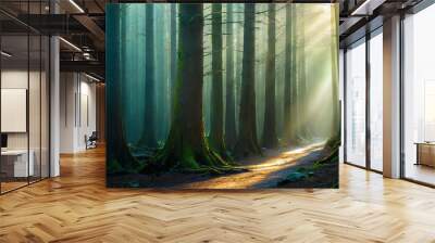 A cinematic scene of a forest with backlit trees. Sun rays shining through the leaves over a winding path in the middle. Green mossy grass covers stone. Rich blue and green tones Wall mural