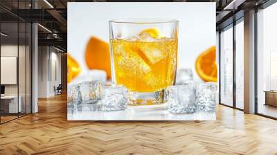 A classic glass of orange juice with ice cubes, isolated on a white background, ideal for beverage advertisements Wall mural