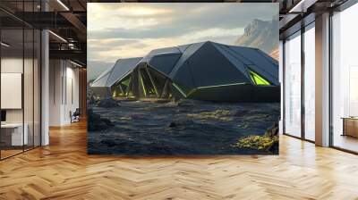 A futuristic military hangar tent with a matte black exterior, sharp geometric rooflines, and neon green accents Wall mural