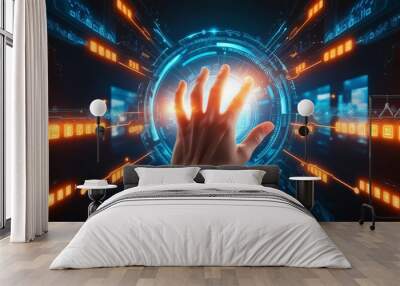 A hand reaching out to touch a futuristic digital interface with glowing orange and blue elements in a dark, high-tech environment. Wall mural