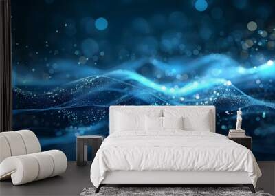 Abstract blue digital particles wave with bokeh effect Wall mural