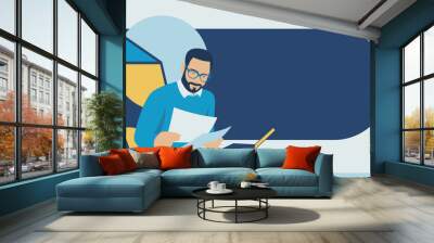 An office worker sits at a desk and reads documents. Flat design. Vector illustration Wall mural