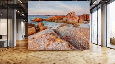 Giant granite rock boulders covered in orange and red lichen at the Bay of Fires in Tasmania, Australia Wall mural