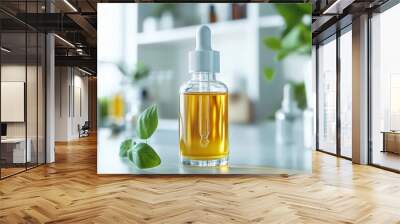 Botanical Essence:  A glass bottle of golden essential oil sits on a lab table, with fresh basil leaves nearby.  The background features blurred greenery and lab equipment. Wall mural