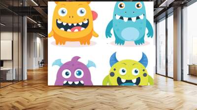 Cartoon Funny Monster Characters, Cute Comic Creatures Isolated Vector Set. Wall mural