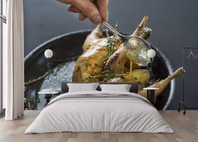 Cooked Pheasants in pan Wall mural