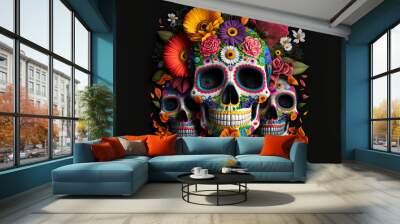 Day of the Dead celebration Sugar Skulls and Flowers Wall mural