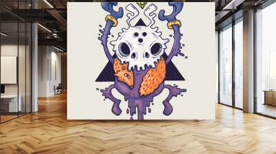 Cartoon monster face. Vector Halloween blue monster with one eye Wall mural