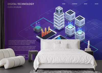 Concept of big data processing, Isometric data center, vector information processing and storage. Creative illustration with abstract geometric elements. Wall mural