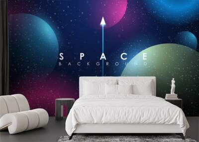 Creative space background with abstract shape and planets. Colorful space poster with text template. Vector infinite Galaxy background. Wall mural