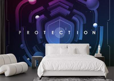 Cyber security. Online information protect, internet digital technology background. Fingerprint scanning on futuristic neon background. Wall mural