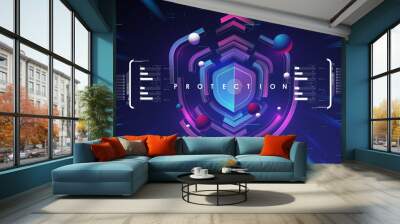 Cyber security. Online information protect, internet digital technology background. Fingerprint scanning on futuristic neon background. Wall mural