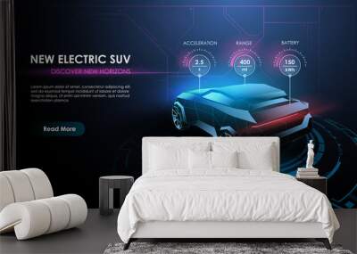 Futuristic automotive technology. Electric car at charging station from lines, mesh and low poly style design. Automotive template for your web, print, marketing advertising. Wall mural