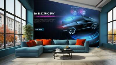 Futuristic automotive technology. Electric car at charging station from lines, mesh and low poly style design. Automotive template for your web, print, marketing advertising. Wall mural