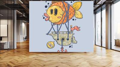 giant fish and sea ship. cartoon illustration for print and web. character in the modern graphic sty Wall mural