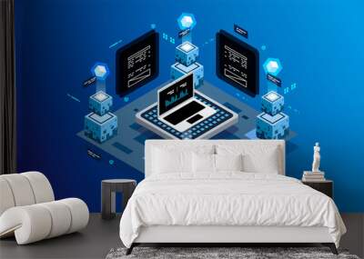 Isometric design concept virtual reality and augmented reality. software development and programming. Computation of big data center, information processing, database. isometric vector technology Wall mural