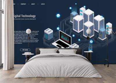 Isometric Server room and big data processing concept, datacenter and data base icon, digital information technology, neon dark gradient Wall mural