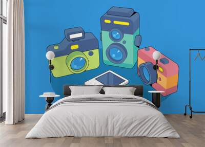 Set of old hipster photo cameras. Photo camera in flat style. Vector illustration. Wall mural