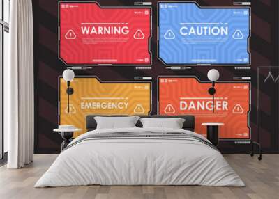 Set of warning, attention and alert symbols. futuristic game screen borders and danger signs, vector UI interface. HUD futuristic cyber technology warning frames Wall mural