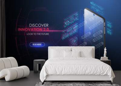 Smartphone and hologram projector. Innovative technology concept. Development and coding for smartphone. concept development of a new smartphone in HUD style. Wall mural