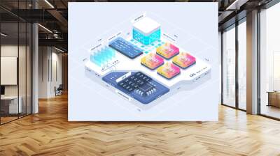 Software development coding process concept. Technology process of app and program. Application development vector isometric illustrations. Wall mural