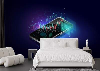 Trade exchange app on phone screen. Internet banking app. Mobile phone payment with NFC technology and High level payment security. Wall mural