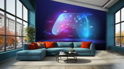 Vector illustration with hud elements. Wireless controller gamepad for play games. Neon glowing gamepad. Cloud Gaming concept. Wall mural