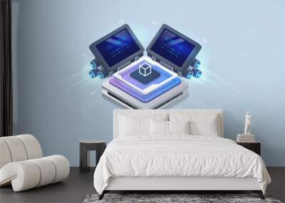 Web engine, programming tools. Software development. Technology visualization. Vector isometric illustration. Wall mural