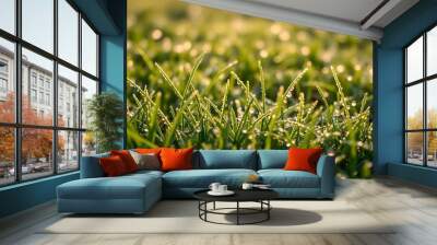 Edge Lighting of Dew Covered Grass ; Wall mural