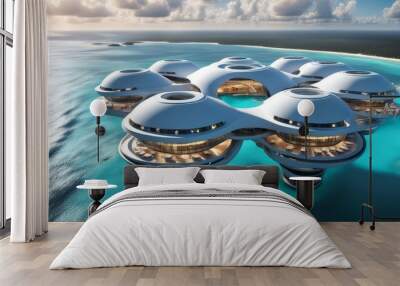 Futuristic Ocean Resort: A breathtaking architectural marvel, a futuristic ocean resort emerges from the turquoise waters, promising a unique and luxurious escape.   Wall mural