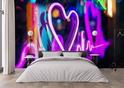 Closeup shot of a glowing purple neon heartbeat sign with a blurred background Wall mural