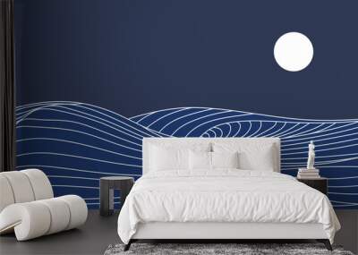 Illustration of ocean and moon. Waves. Line art sea. Minimalist landscape. Abstract ocean. Wall mural