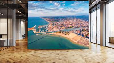 Aerial landscape photography. Colorful summer view from flying drone Pescara port. Beautiful morning seascape of Adriatic sea. Incredible outdoor scene of Italy, Europe. Wall mural