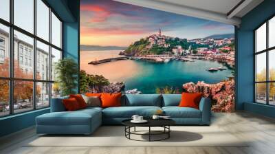 Aerial morning cityscape of Vrbnik town. Wonderful summer seascape of Adriatic sea, Krk island, Kvarner bay archipelago, Croatia, Europe. Beautiful world of Mediterranean countries.  Wall mural