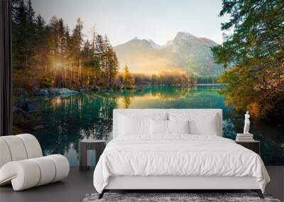 Amazing autumn sunrise of Hintersee lake. Picturesque morning view of Bavarian Alps on the Austrian border, Germany, Europe. Beauty of nature concept background. Wall mural