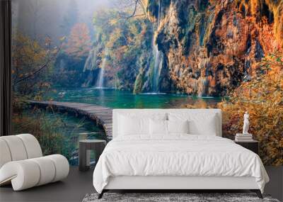 Amazing morning view of pure water waterfall in Plitvice National Park. Marvelous autumn scene of Croatia, Europe. Beauty of nature concept background. Wall mural