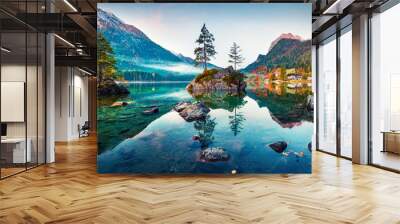 Beautiful autumn scene of Hintersee lake. Colorful morning view of Bavarian Alps on the Austrian border, Germany, Europe. Beauty of nature concept background. Wall mural