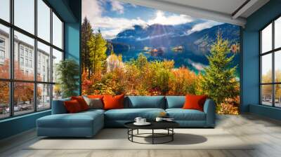 Beautiful autumn scenery. Astonishing morning view of Eibsee lake with Zugspitze mountain range on background. Great autumn scene of Bavarian Alps, Germany, Europe. Wall mural