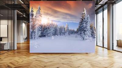 Beautiful winter sunrise in the mountains. Dramatic red  sky Wall mural