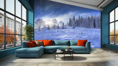 blue panorama of the winter forest in the mountains Wall mural