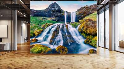 Breathtaking summer sunrise on Sheep's Waterfall. Stunning morning scene of Iceland, Europe. Beauty of nature concept background. Wall mural