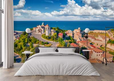 Bright summer view from flying drone of Cattedrale di San Ciriaco church and San Gregorio Illuminatore - Catholic church. Stunning morning cityscape of Ancona town, Italy, Europe. Wall mural