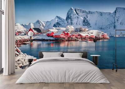 Captivating afternoon scene of Sakrisoy village, Norway, Europe. Superb winter view of Lofoten Islads. Beautiful seascape of Norwegian sea. Untouched winter landscape. Wall mural