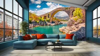 Captivating summer view of Old Mes Bridge. Impressive morning landscape of Shkoder. Colorful outdoor scene of Albania, Europe. Traveling concept background. Wall mural