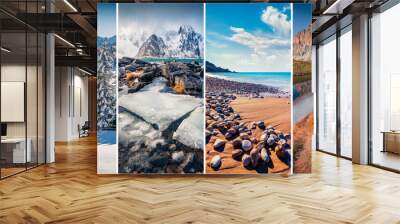 Collage of four seasons landscapes. Set of vertical pictures of nature background arranged in panoramic view. Wonderful outdoor scene of majestic mountains, green meadows and blooming flowers. Wall mural