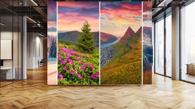 Collage of four seasons landscapes. Set of vertical pictures of nature background arranged in panoramic view. Wonderful outdoor scene of majestic mountains, green meadows and blooming flowers. Wall mural